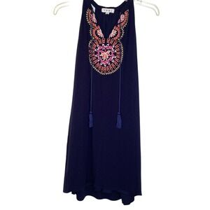 THML Embroidered V Neck Tassel Dress Navy Blue Size‎ L Boho Festival Lined EUC